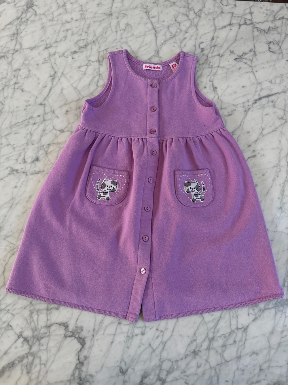 Vintage FRIENDS Lavender Sleeveless Button-Front Dress Cat Pocket Appliqués